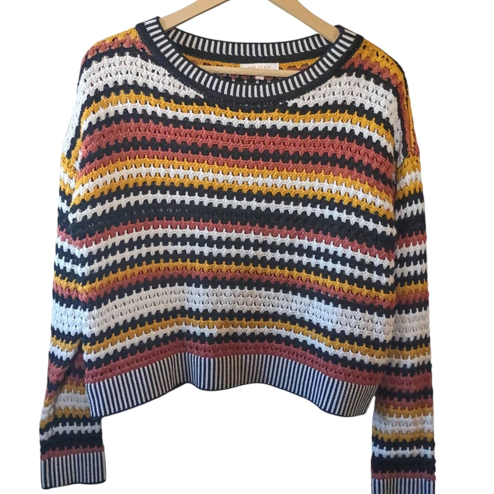 Skies Are Blue Crop Knit Crochet Striped Long Sleeve Sweater XS Style Cozy Fall